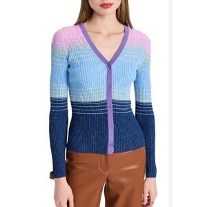 Staud Womens Cargo Ribbed Colorblocked Cardigan Multi Pink Blue Striped Large